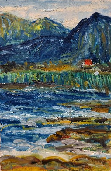 Croquis pastellisé – Rivière et montagnes